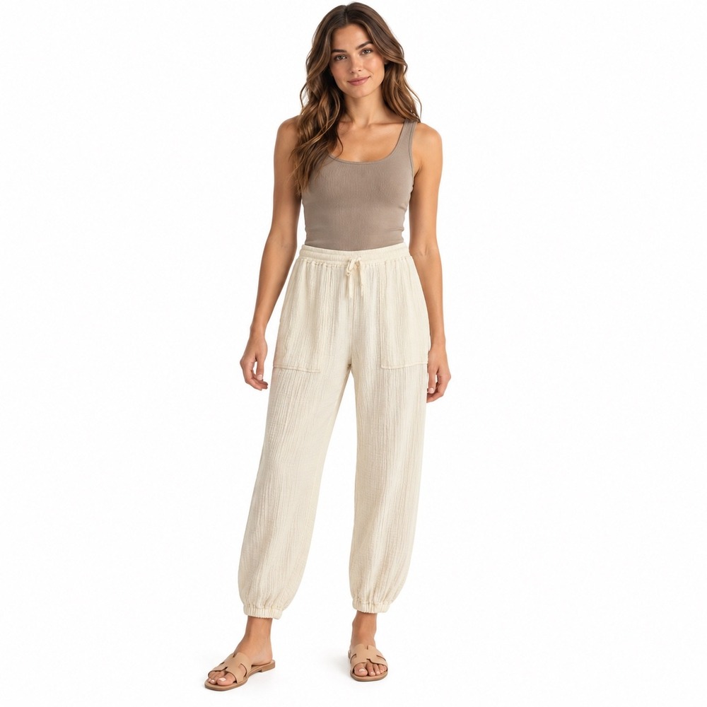 Raquel Allegra Cameroon Pant Dirty White Crinkle Gauze Jogger Size 2 / US M 4-6